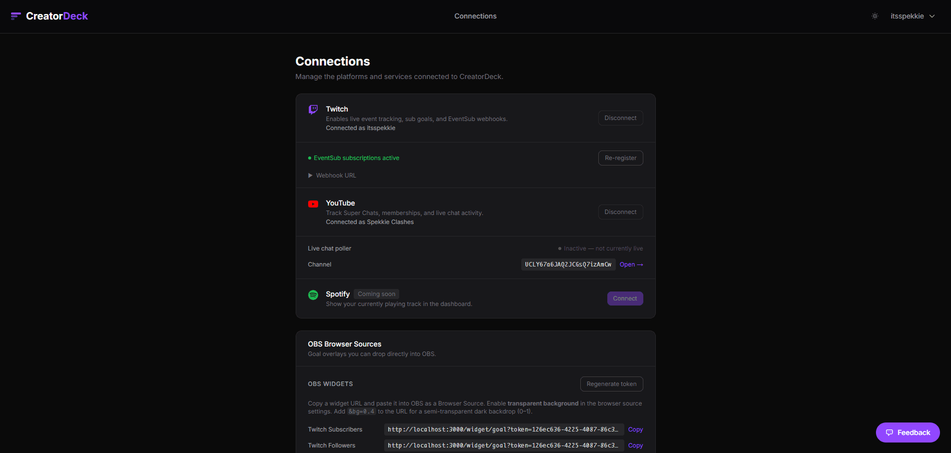 Connections — Twitch and YouTube linked and active