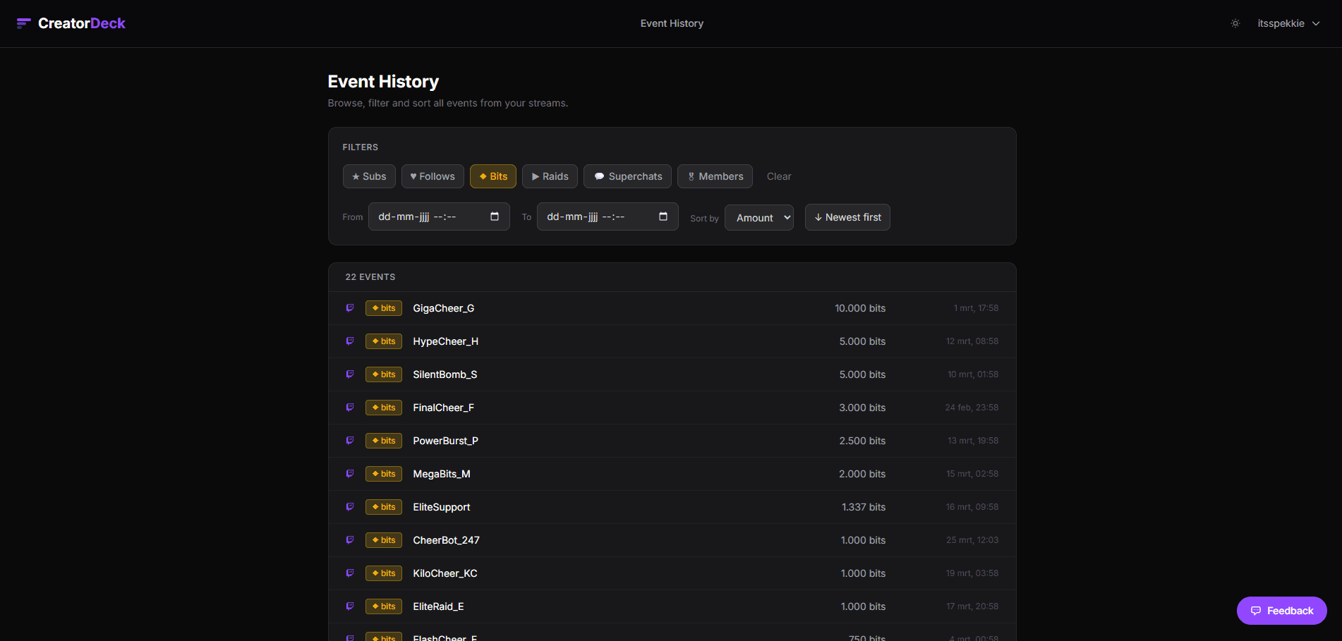 Event history filtered by type and sorted by amount